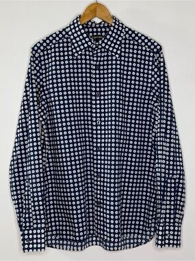 Tom Ford Polka Dot Long Sleeve Buttonup Shirt Mens 42 Large XL Navy Blue White